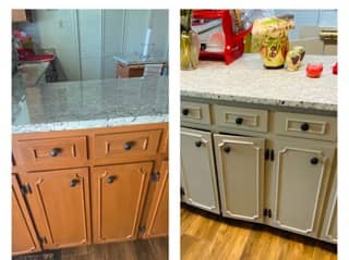 Before-and-after cabinet repaint in beige in Loxley, Alabama