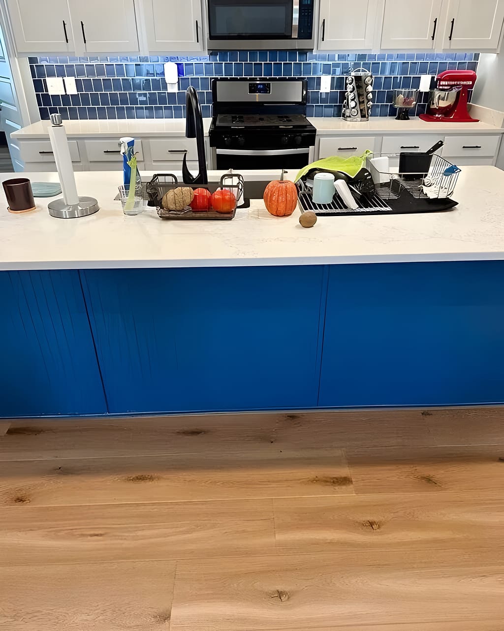 Repaint Dark Blue Island White Kitchen Cabinets: Cabinet Painting in Daphne, Baldwin County, Alabama by Paint Doctors LLC.