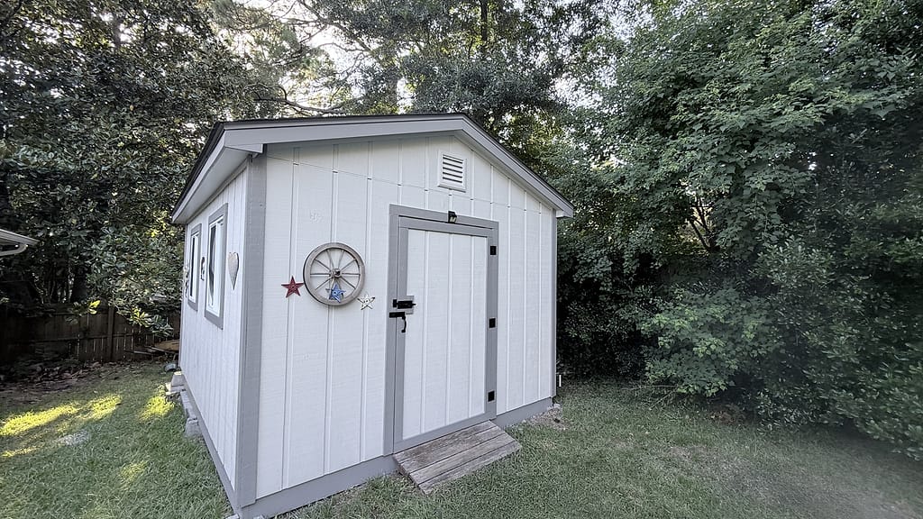 White Shed with Gray Trim: Exterior Painting in Daphne, Baldwin County, Alabama by Paint Doctors LLC.