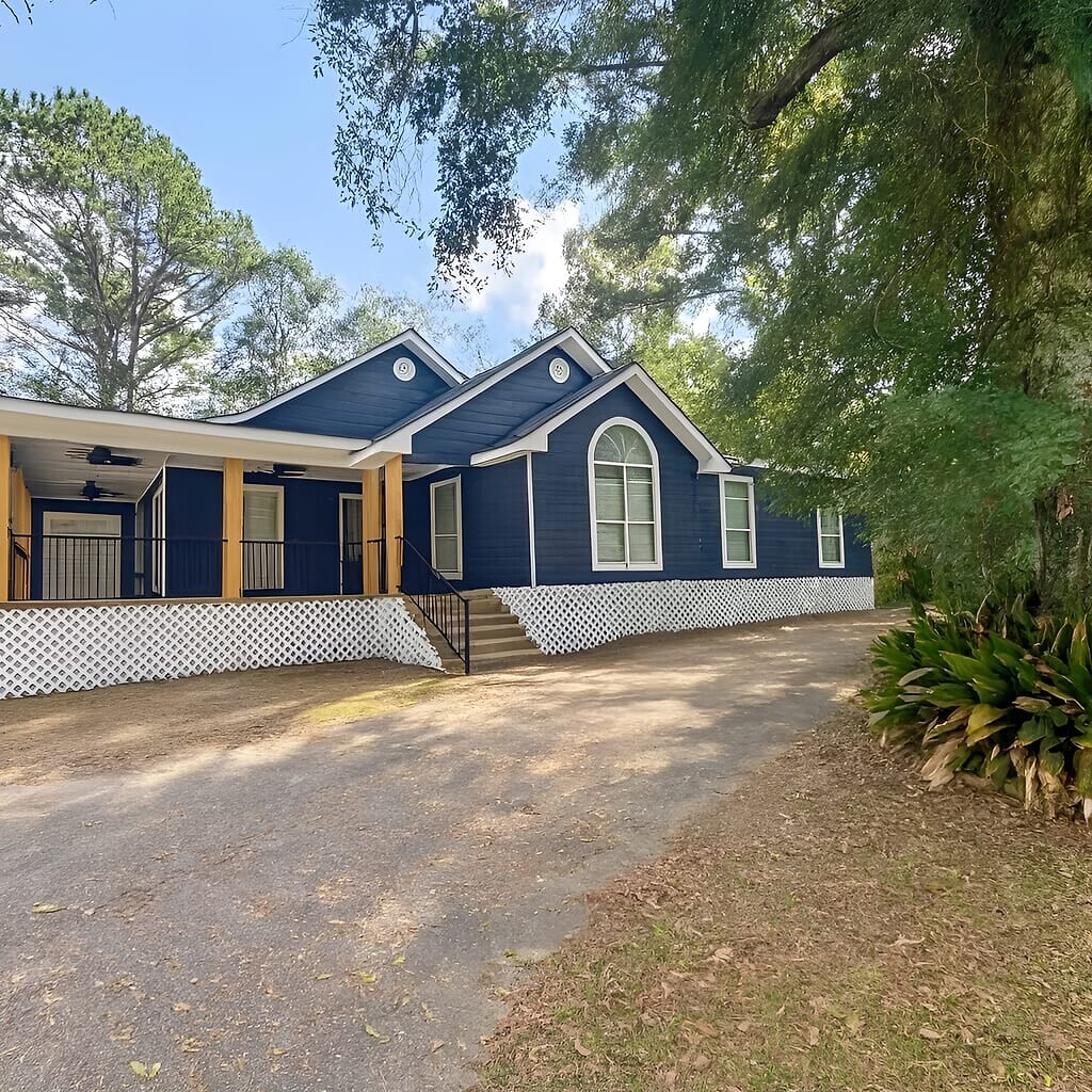 Wood Siding Dark Blue White Trim Cedar Wrap Columns, Exterior Painting in Loxley, Alabama by Paint Doctors LLC