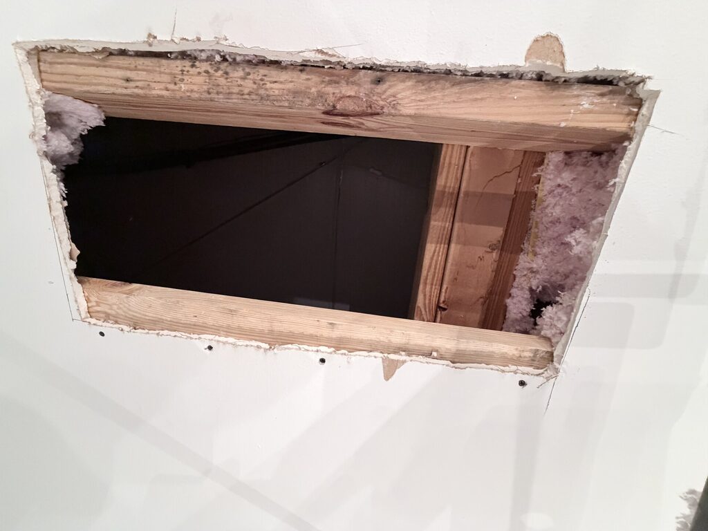 Patch Repair Ceiling Cut Open Exposed Joists Insulation — Interior Painting in Stapleton, Baldwin County, Alabama by Paint Doctors LLC.