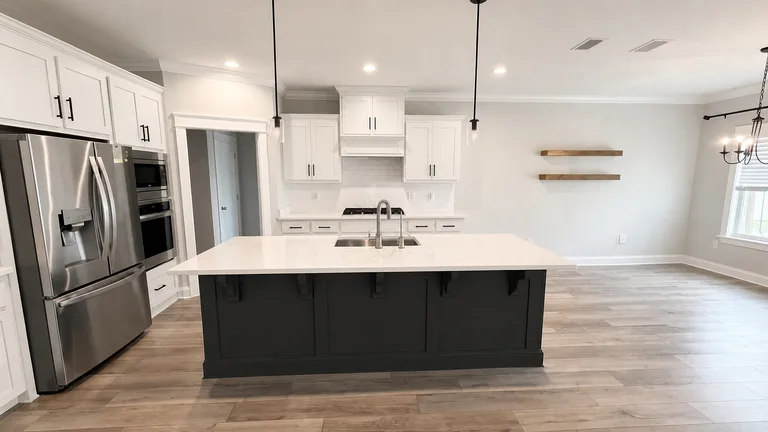 Paint Guru render — Alabaster kitchen cabinets with the island base in Iron Ore