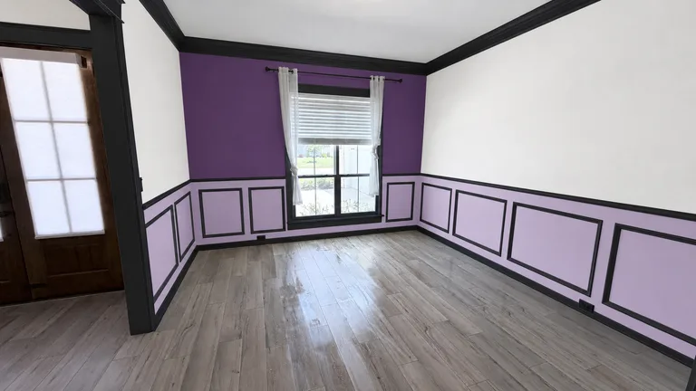 Paint Guru render — Dynamo feature wall, Lite Lavender wainscoting, Pure White walls and Tricorn Black trim in one render