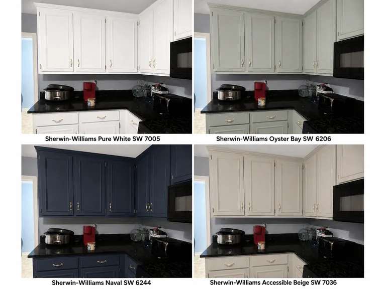 Paint Guru render — the same kitchen cabinets compared in Pure White, Oyster Bay, Naval and Accessible Beige