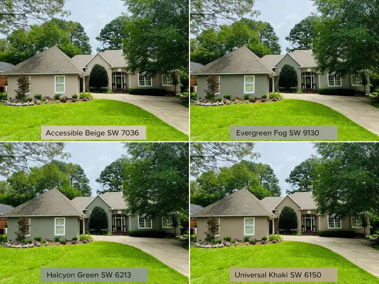 Paint Guru render — the stucco house compared in four current colors, labeled with their Sherwin-Williams names