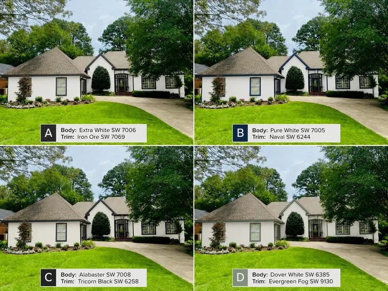 Paint Guru render — the same stucco house in four whites, each with a different darker trim color