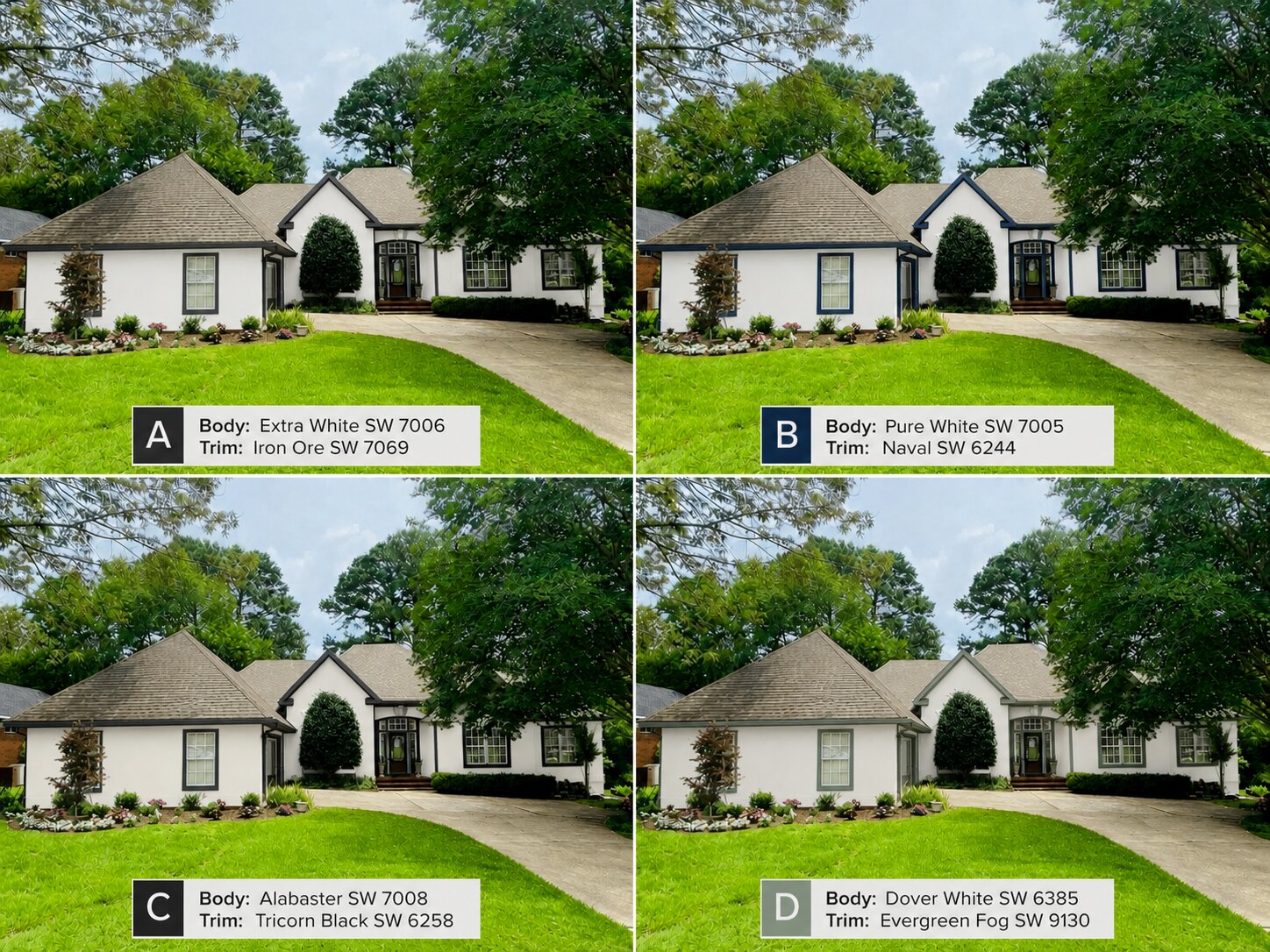 Paint Guru render — the same stucco house in four whites, each with a different darker trim color
