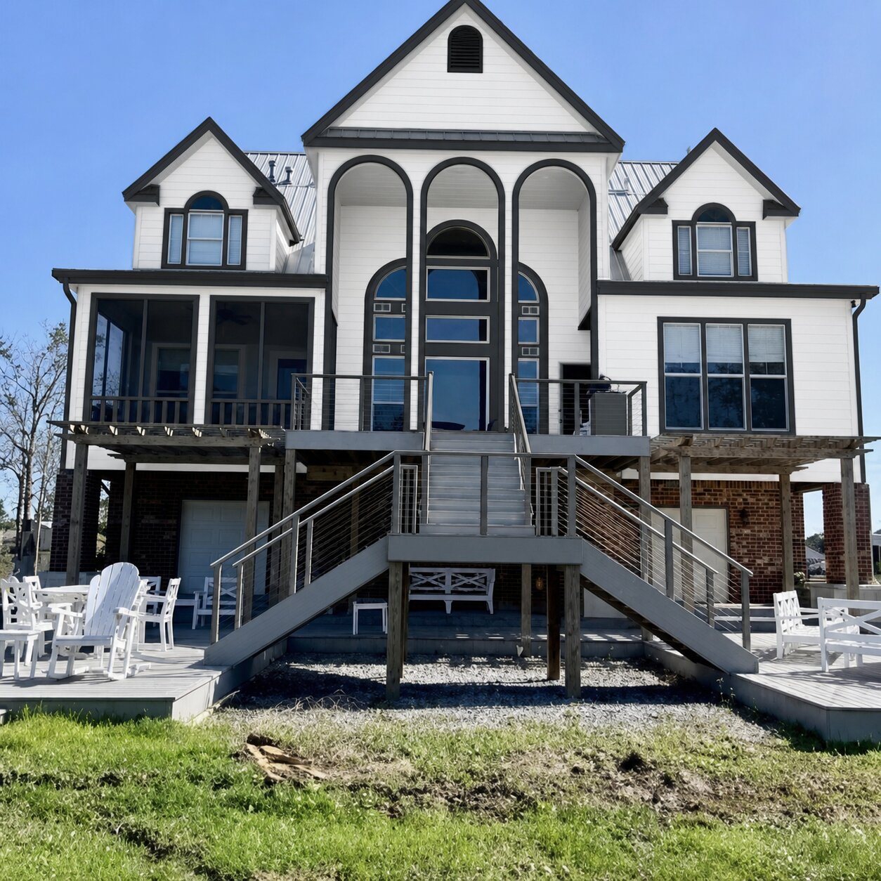 Paint Guru render — a raised coastal home taken to a crisp white body with every trim line in dark charcoal